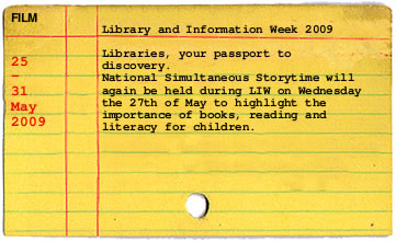 liwcard Catalogue card promoting Library and Information Week